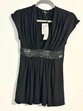 Sky Deep V Black Tunic Top with Braided Waist